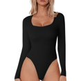 thumbnail image 3 of Womens Square Long Sleeve Bodysuit Thong Bodysuits Shirts Bodycon Stretch Plunge Shirt Tops Going Out Jumpsuit Black-B L, 3 of 5