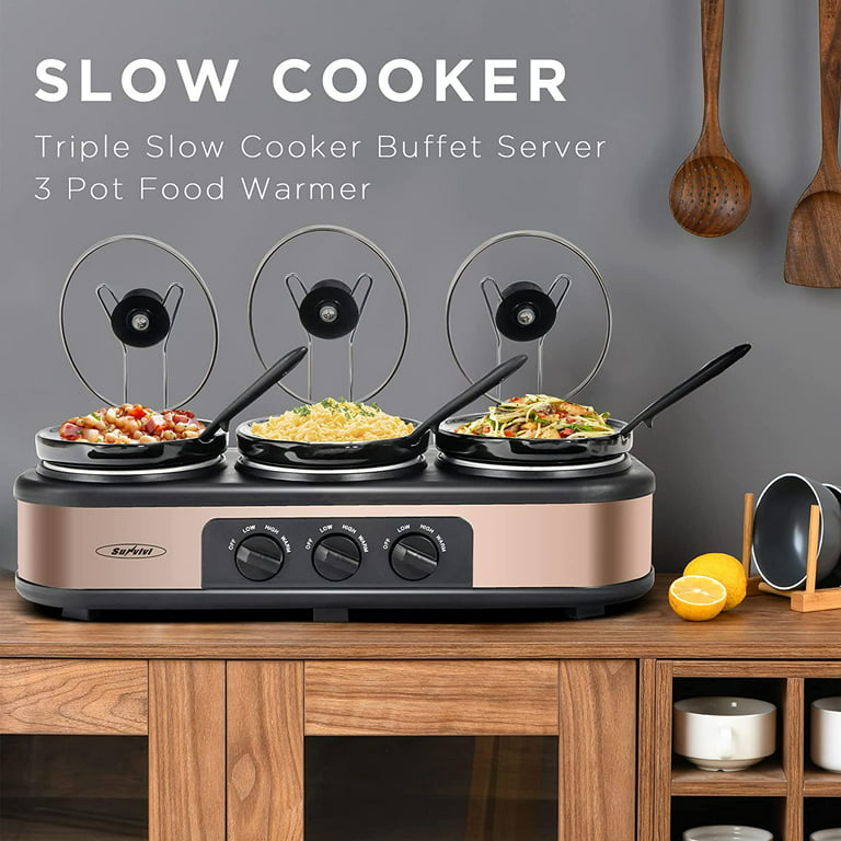 Stamo Triple_Slow_Cooker_with_Non-Sk Triple Slow Cooker with Non-Skid Feet,  3Ã—1.5 QT Slow Cooker Buffet Server, 3 Pots Food Warmer  Adjustable Tem