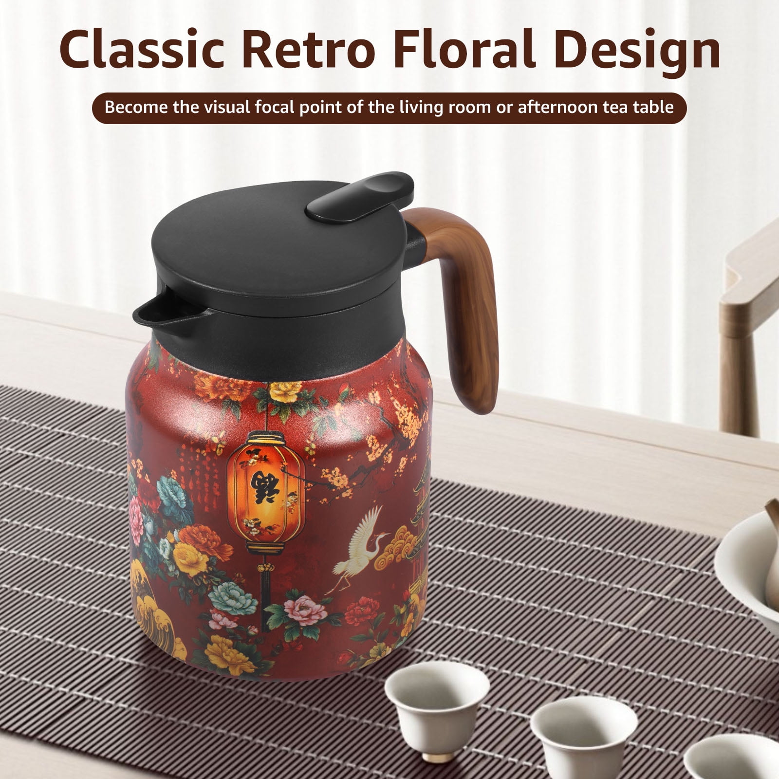 Qenwkxz Vintage Flower Pattern Teapot 33.82oz Vacuum Insulated Stainless Steel Thermal Teapot with Removable Infuser and Wood Handle for Home Office
