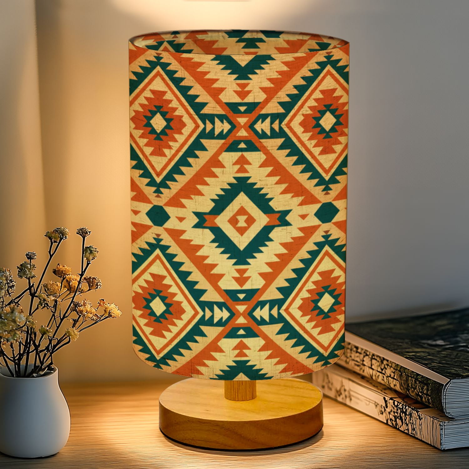16-Color Dimmable Table Lamp for Bedroom, geometric Southwest Nightstand Lamp with Wood Base Fabric Shade, Gifts for Nursery Living Room Reading Room
