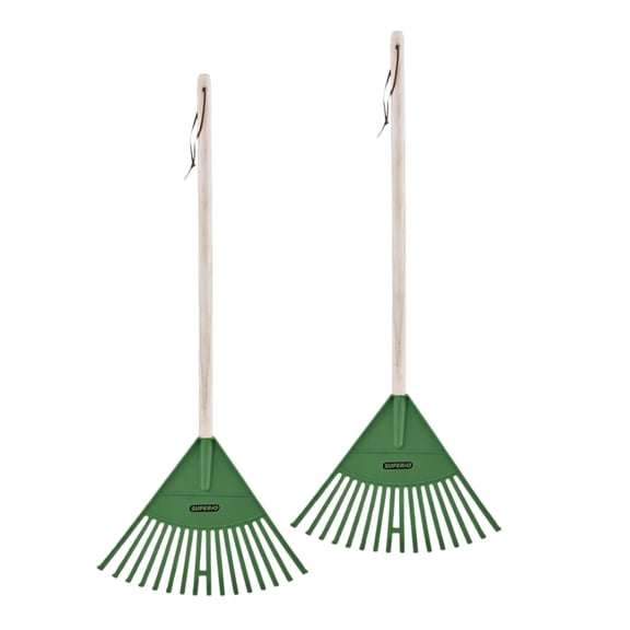 Superio Kids Leaf Rake, 34-Inch Gardening & Lawn Care Tool with Hardwood Handle and Durable Plastic Tines for Leaf Cleanup & Garden Maintenance, Green 2 Pack