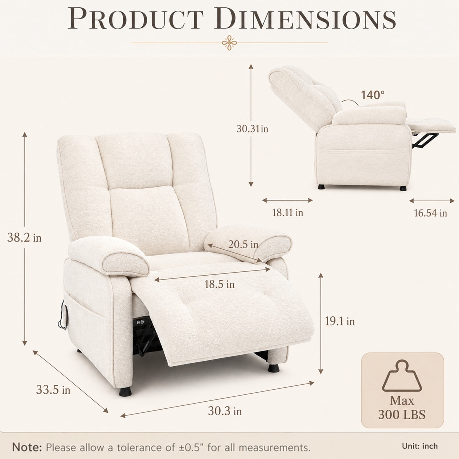 Leumius Recliner Chair, Ergonomic Tufted Cushion Single Recliner with Chenille Fabric, Side Storage Pocket, Anti-Slip Wooden Legs, 300lbs Capacity for Living Room Bedroom Gaming Lounge,Beige