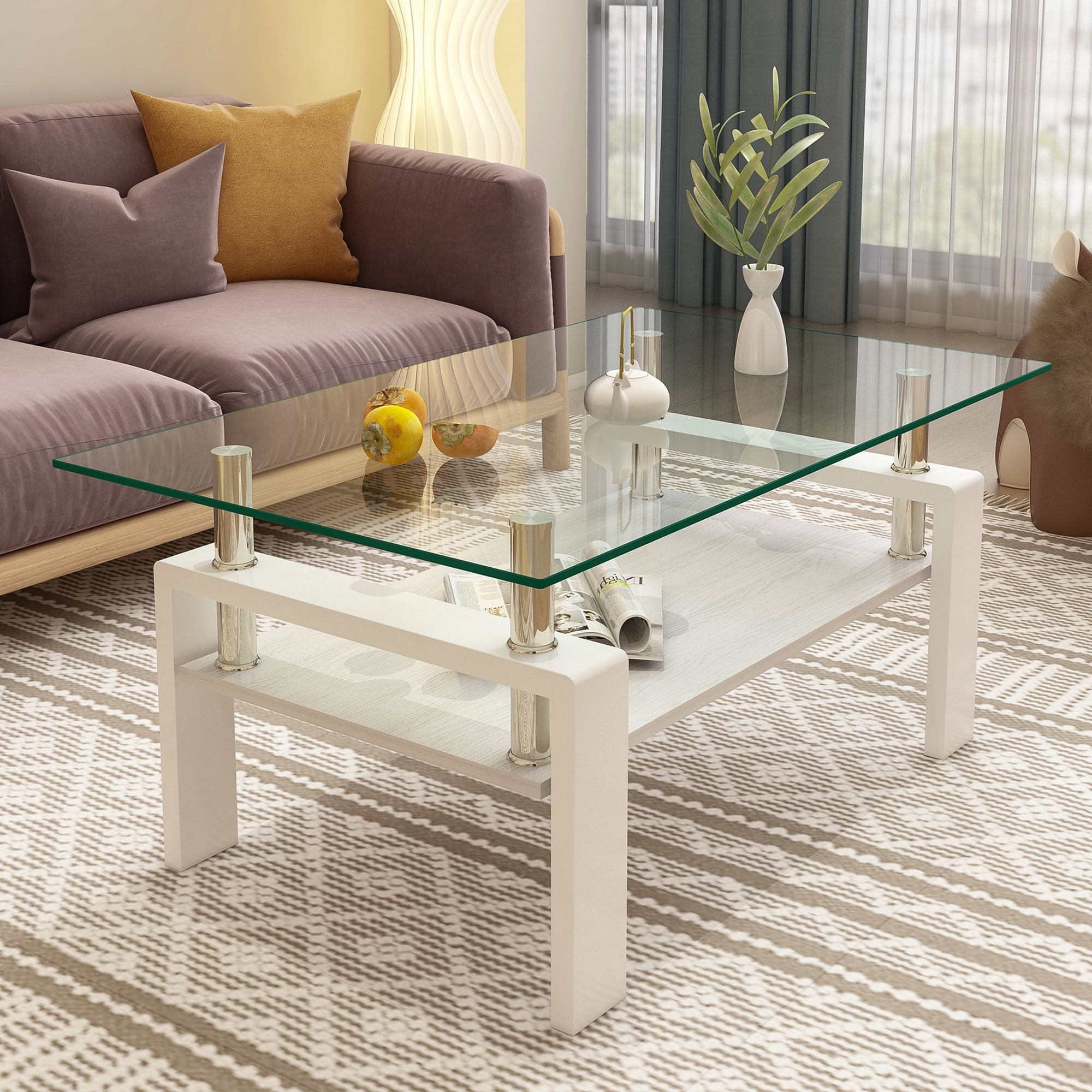 MAYEERTY Rectangle Coffee Table with Transparent Tempered Glass & MDF Shelf