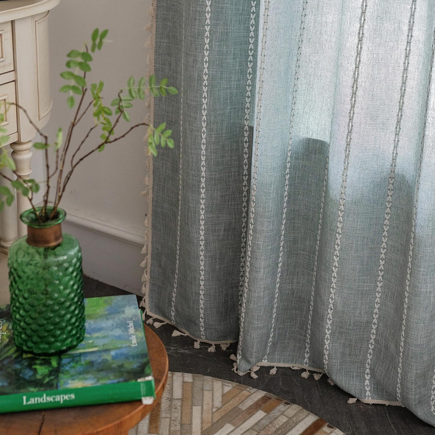 Psoiuetr Blue Boho Curtains for Bedroom Living Room Linen Cotton Embroidered Semi Blackout Farmhouse Window Treatment Drape Vintage Tassels Rod Pocket 1 Panel 52" W x 84" L