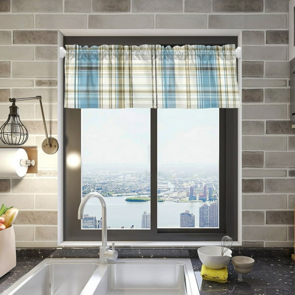 Light Blue and Brown Tartan Curtain Valances Window Treatment Rod Pocket Drape Valance 54" X 18" for Kitchen Living Room Bedroom