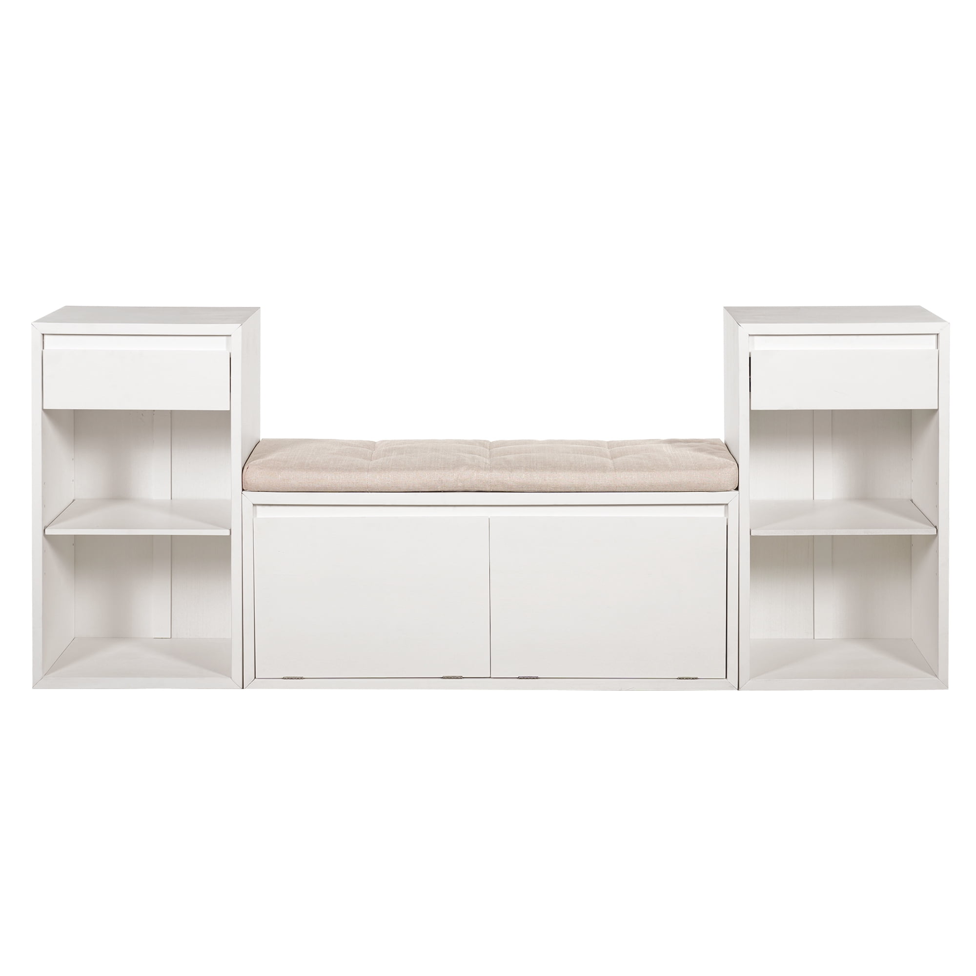 Euroco All-in-One Entryway Storage Bench with Cushion,3-Tier Shoe Bench with Open Shelves, 2 Drawers & 2 Doors, 77" Long Organizer Cabinet for Hallway,Entryway, Living Room, Bedroom,White