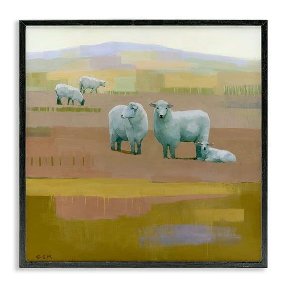 Stupell Industries Sheep Grazing Pasture Animals Painting Black Framed Art Print Wall Art, 12 x 12
