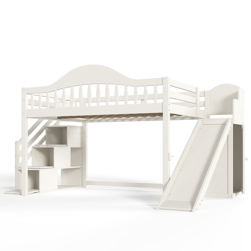 Full Size Kids/Teens Loft Bed with Storage Staircase, Slide & Wardrobe, Princess Bed Frame with Curved Guardrail