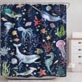 thumbnail image 2 of Kids Ocean Shower Curtain for Bathroom Decor 72Wx72H Shark Whale Fish Jellyfish Turtlr Sea Octpus Seaweed Starfish Colorful Art Printed Fabric Polyester Waterproof 12 Pack Plastic Hooks, 2 of 6