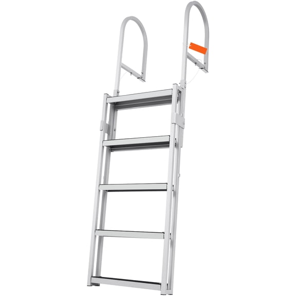 KFFKFF Pier Stairs, 5 Pull-out Rungs, Supports up to 350 lbs, Crafted from Aluminum Alloy, Boat Staircase with 66.9''-78.9'' Modifiable Elevation, 4'' Broad Step & Cushioned Mat, Suitable for Vessel
