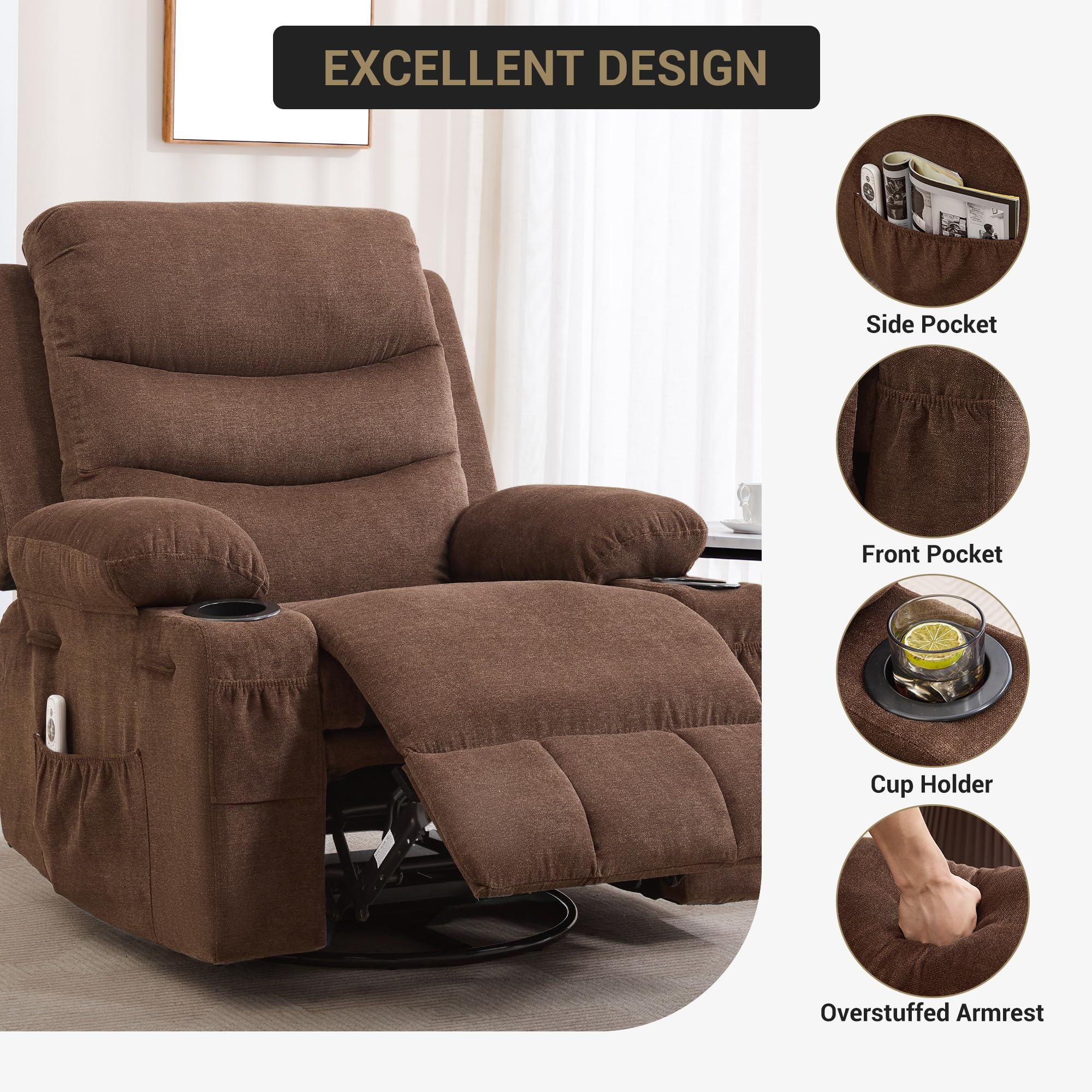 Recliner Chair Nursery, Oversized Manual Reclining Rocking Chair, 360 Swivel Glider with Cup Holder, Massage and Heat Recliner, Indoor Small Single Sofa Chairs for Adults RV Bedroom, Beige/Grey/Brown