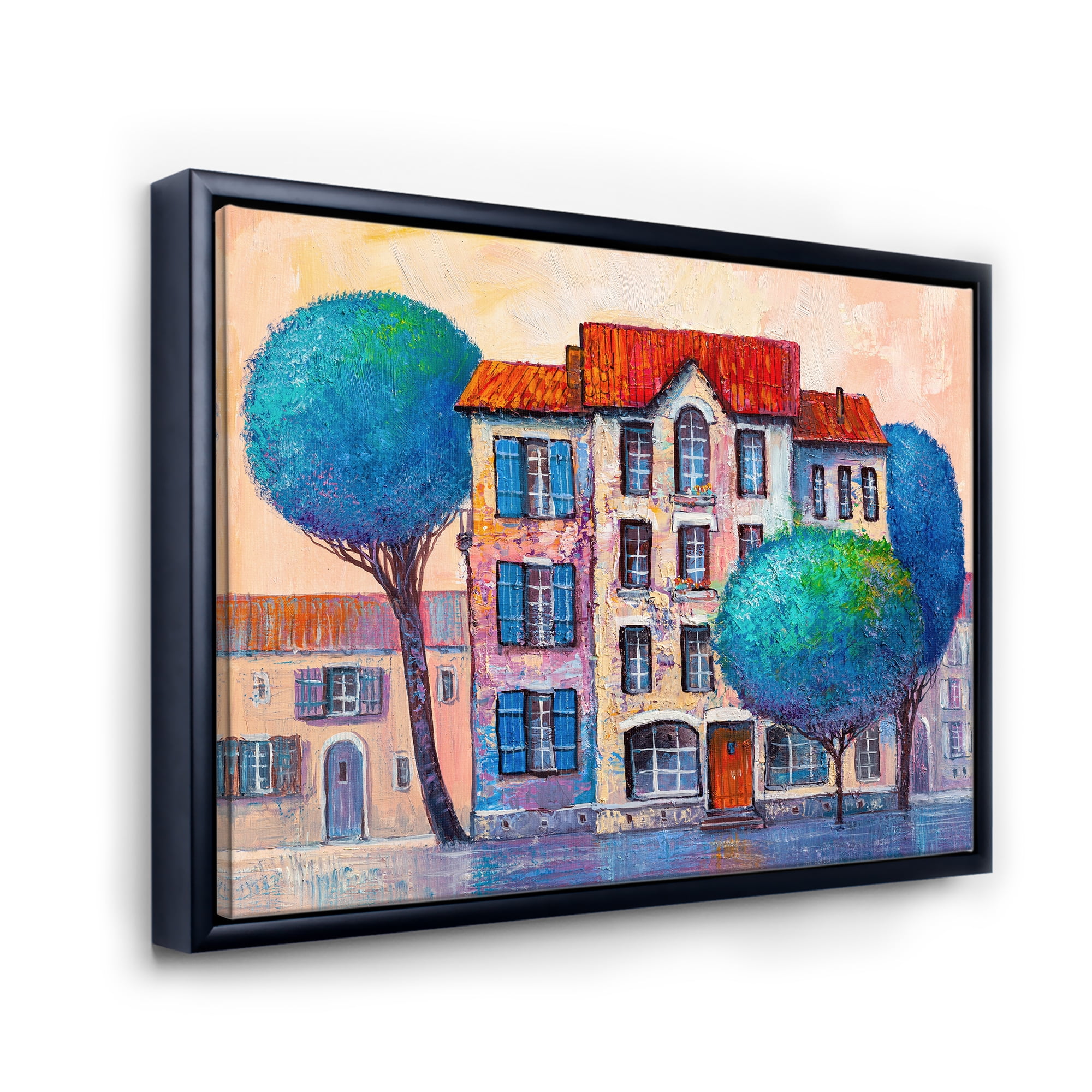 Designart 'Colorful Autumn Trees and A House With Red Roof' Modern Framed Canvas Wall Art Print