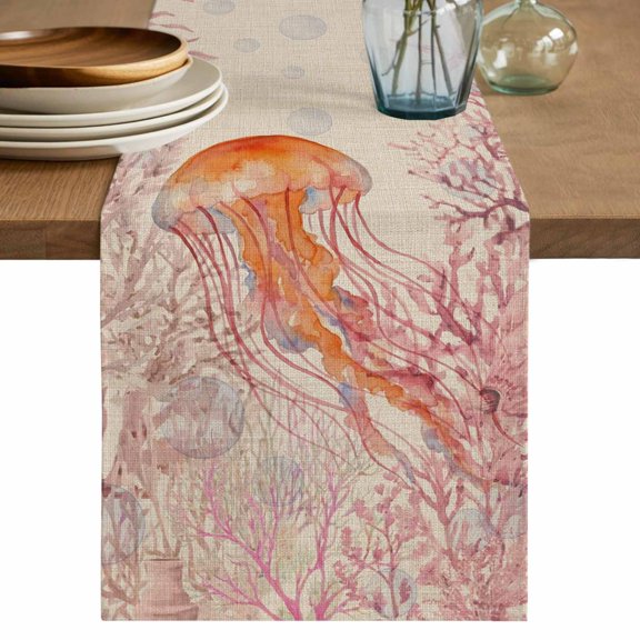Coral Jellyfish Coastal Table Runner 36 Inches, Summer Ocean Coral Pink Linen Bed Runner Dresser Scarves Tabletop for Indoor Outdoor Parties/Ceremony/Banquet, 13"x 36"