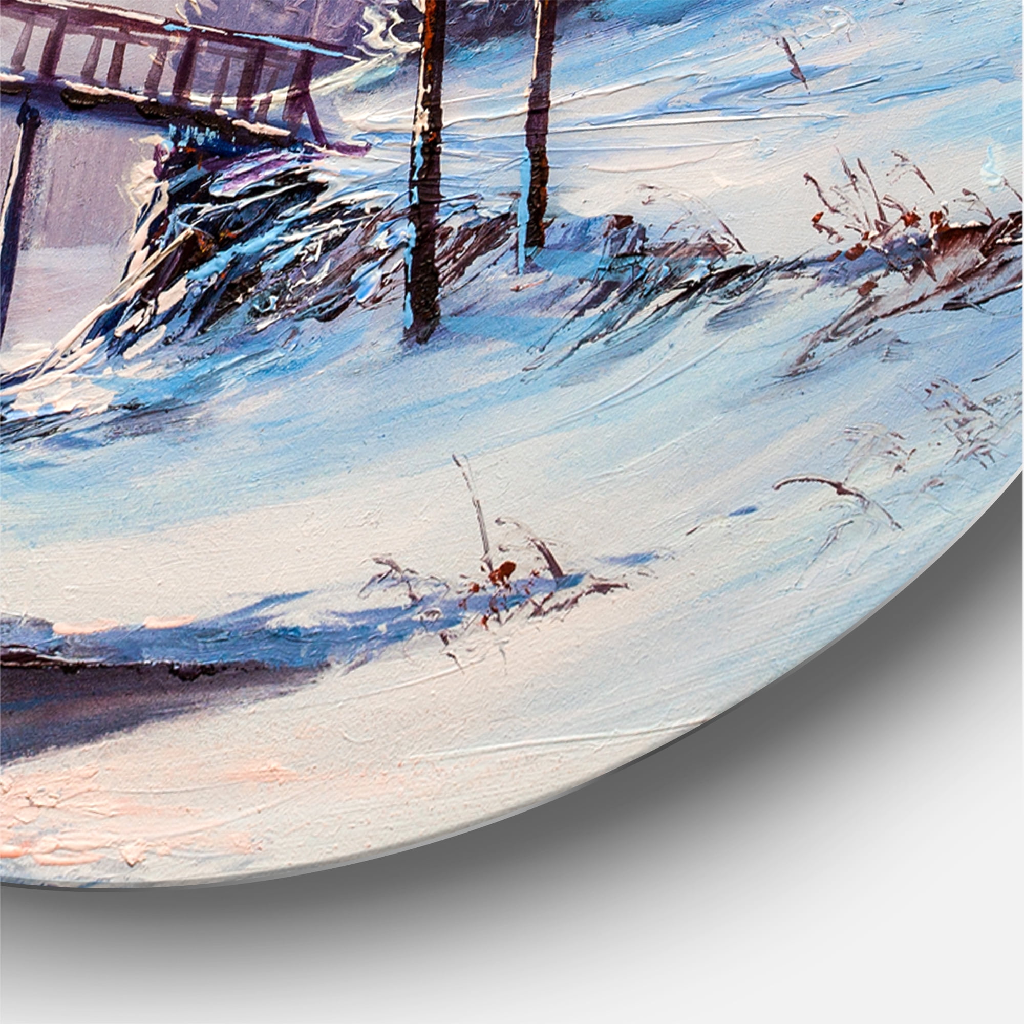 Designart 'Snow Covered Landscape and Little Bridge' Traditional Circle Metal Wall Art 29x29 - Disc of 29