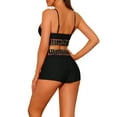 thumbnail image 3 of Conjuntos de bikini de color contrastante para mujer de 2 piezas, traje de baño de cintura alta con escote redondo, talla X-Large, negro, 3 of 5