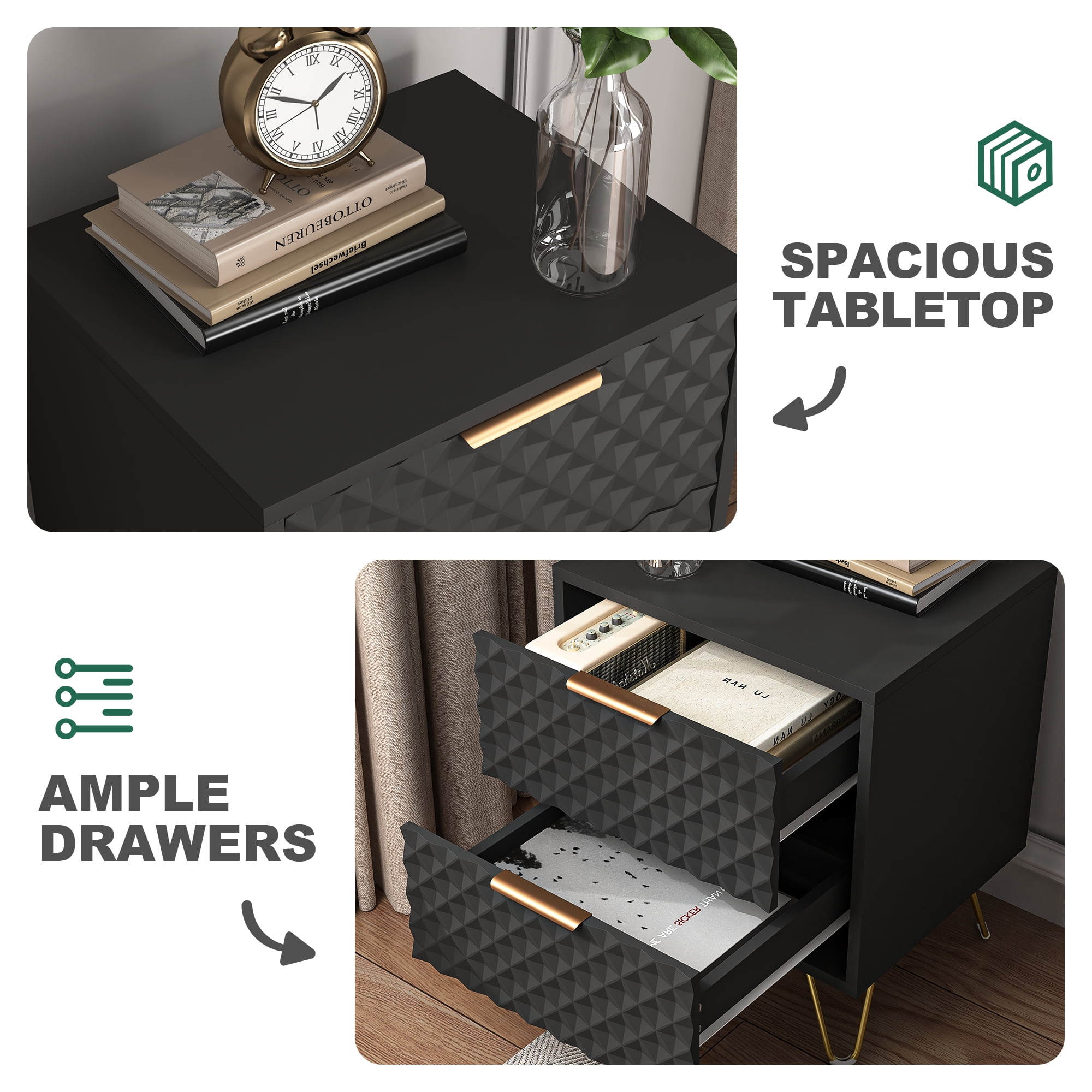 2 Drawer Bedroom Nightstand Set of 2 with Gold Metal Handle and Legs, Black Bedside Table