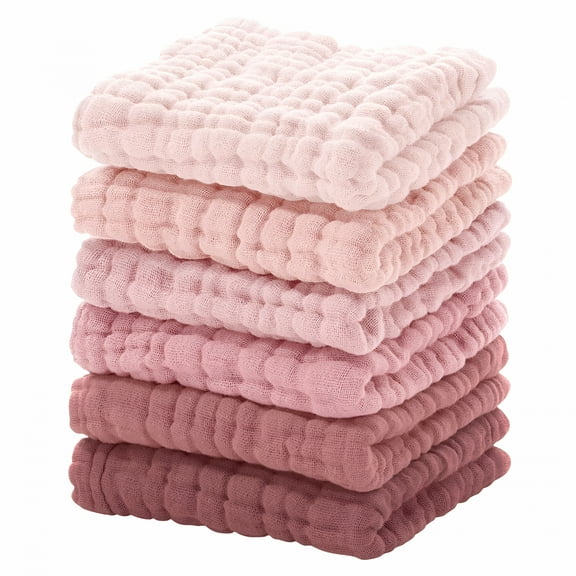 AUQ Muslin Baby Washcloths 6 Pack,100% Cotton Baby Wash Cloths for Baby Face Body,12x12"es Large Soft Absorbent Face Towels for Newborns Gradient Pink