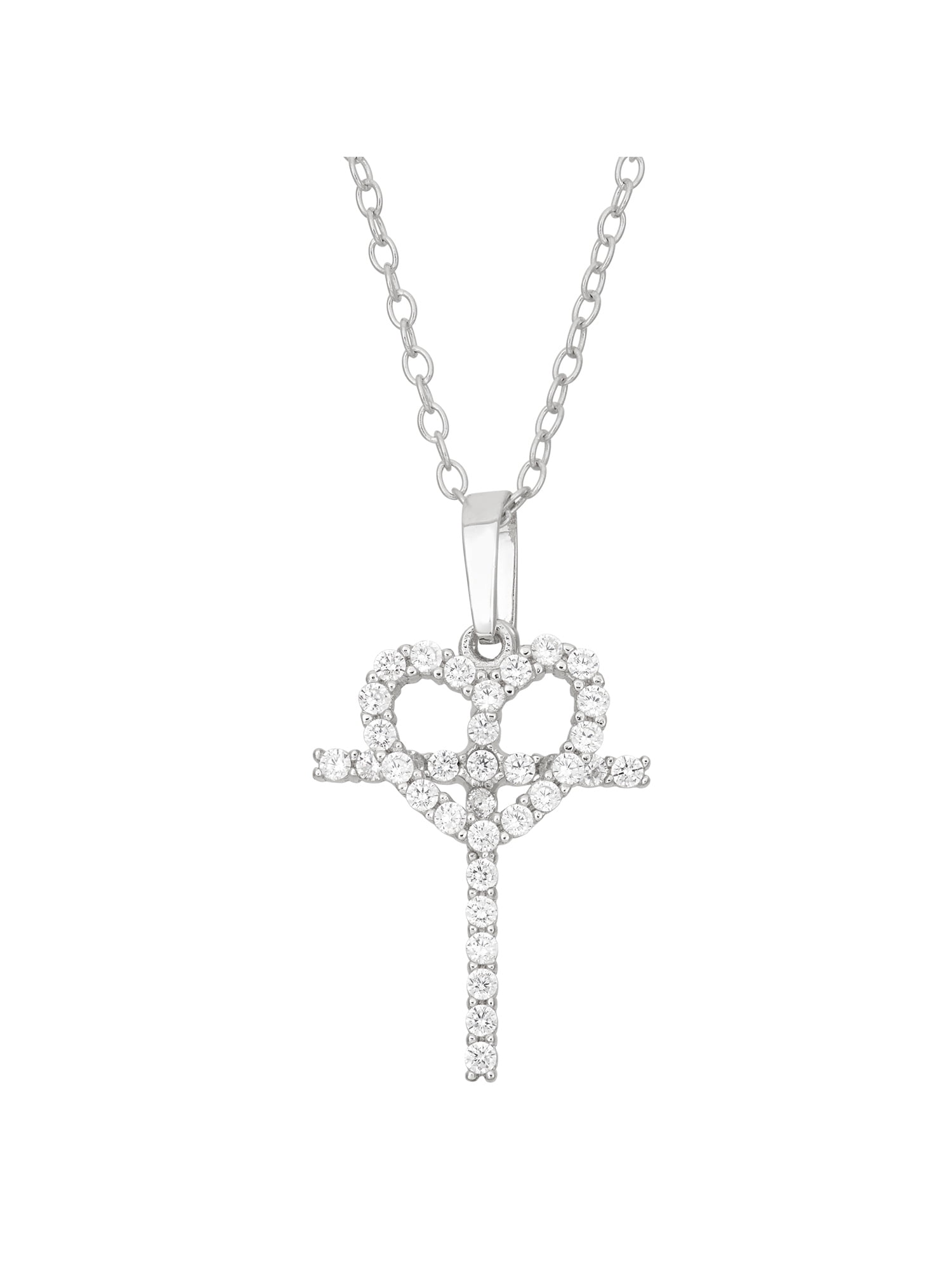 CZ Sterling Silver Open Heart and Cross Pendant, 16