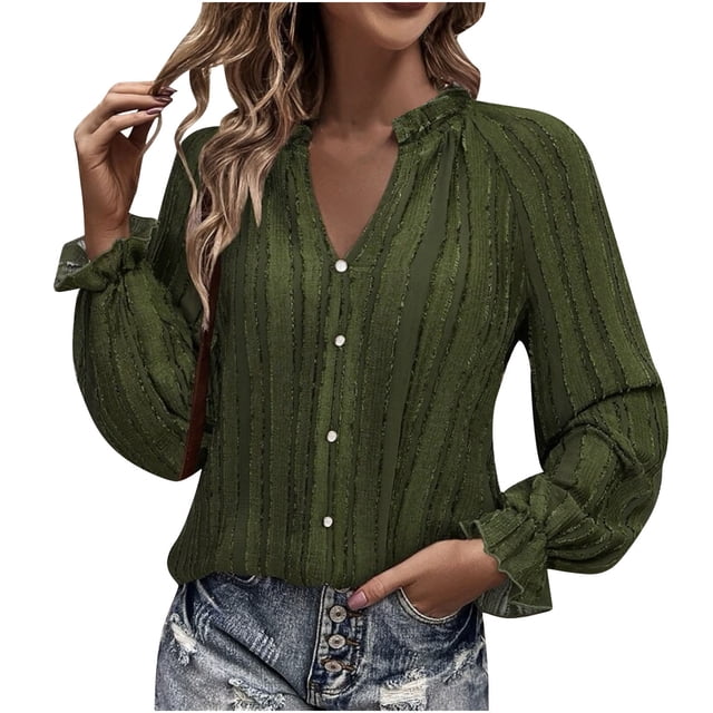 Pompotops Mode Femmes Couleur Unie Décontractée Col en V Manches Longues Chemises Blouses Tops Liquidation