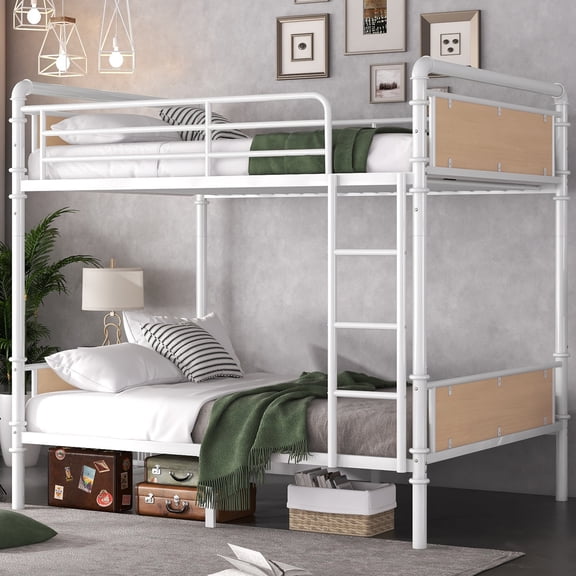 GARITIN Twin XL over Twin XL Metal Bunk Bed, Industrial Convertible Bunkbed with Safety Guard Rails for Bedroom Guest Room Dorm, White