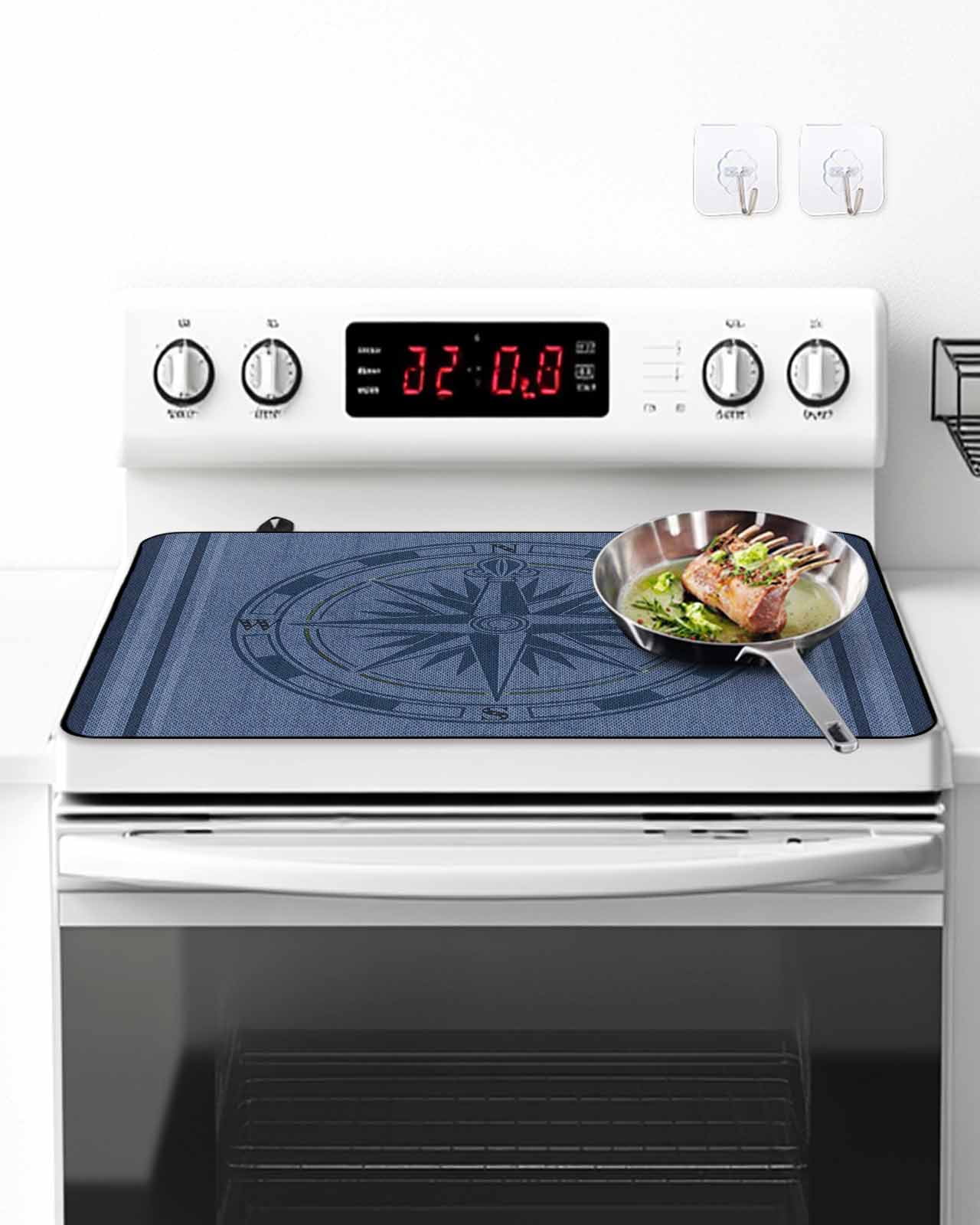 Stove Top Covers for Electric Stove, Nautical Compass Glass Stovetop Cover Protector, Navy Blue Striped Coastal Compass Induction Cooktop Protector Oven Mat for Kitchen Countertop 24"x21"