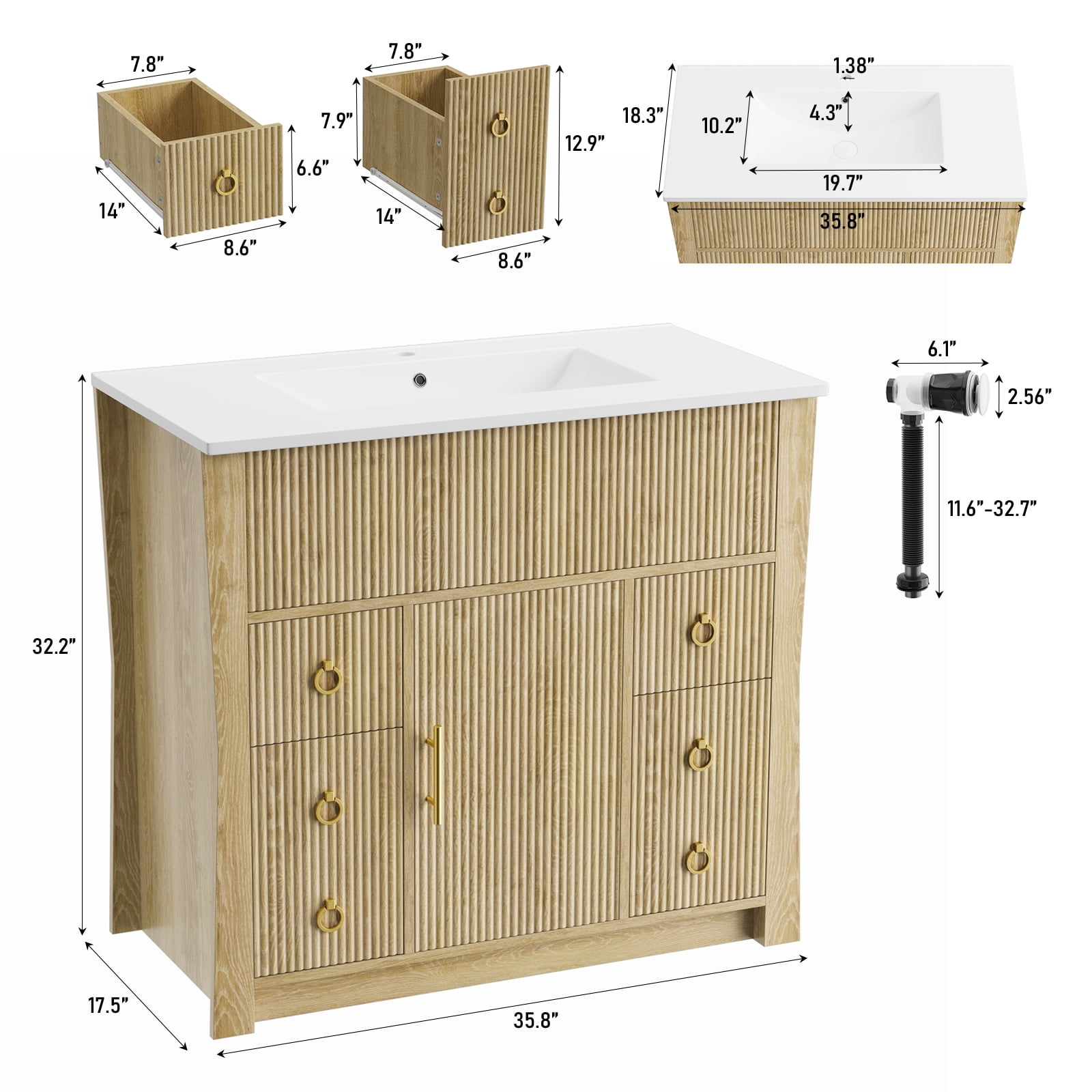 36-inch bathroom vanity, bathroom sink cabinet, with ceramic sink and drainage pipe, and equipped with 4 drawers and 1 door bathroom vanity, made of high-quality wood