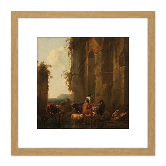 Berchem Ruins In Italy Cattle Painting 8X8 Inch Square Wooden Framed Wall Art Print Picture with Mount