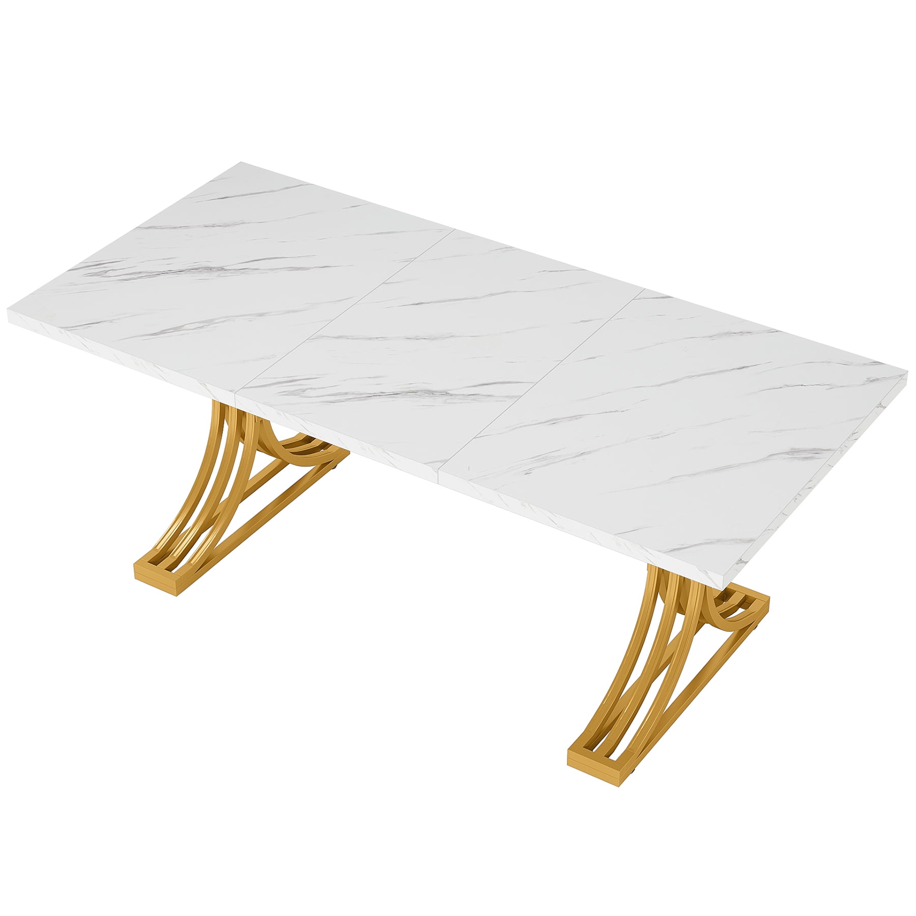 Fnova 63" Modern Dining Table, Rectangular White Faux Marble Top Kitchen Table, Stylish Metal Trestle Legs, Seats 4 to 6 for Dining Room & Kitchen, Living Room