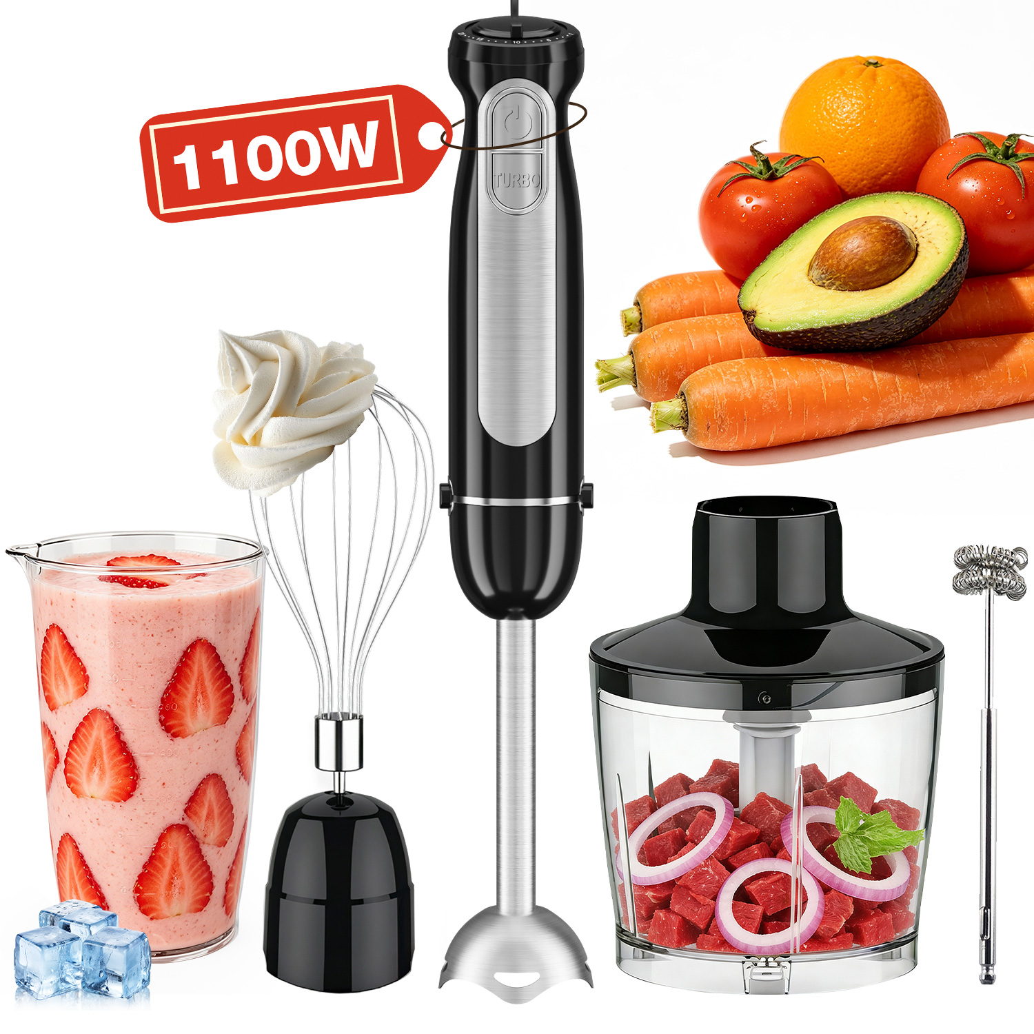 1100W Immersion Blender, 21-Speed Hand Blender with Turbo Mode, 5-in-1 Stick Blender for Smoothies, Baby Food, Soups, Purees, Black