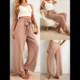 thumbnail image 4 of Pantalones Anchos para Mujer con Bolsillos, Cintura Alta, Nudo Ajustable, Holgados, Informales, para Trabajo y Negocios. Caqui S, 4 of 6
