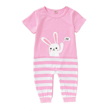 

Kucnuzki Infant Baby Girl Clothes 9 Months Summer Bodysuit 12 Months Short Sleeve Contrast Stripe Prints Carton Bunny Cozy Jumpsuit Bodysuit Pink