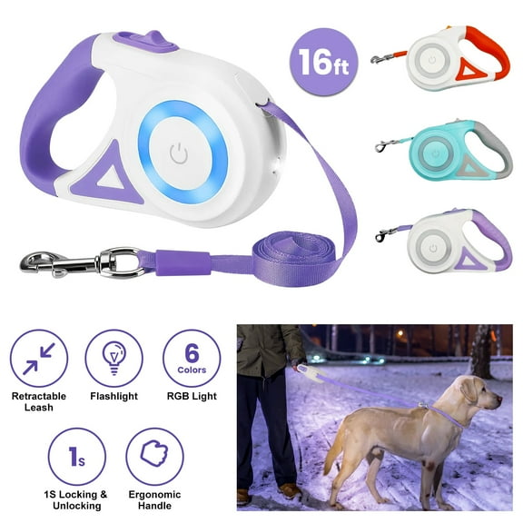 Moclever 16FT Retractable Dog Leash Extendable Pet Leash Dog Walking Leash with Flashlight RGB Light 2 Rolls of Waste Bags Dispenser Fit for 66-110lbs, Purple