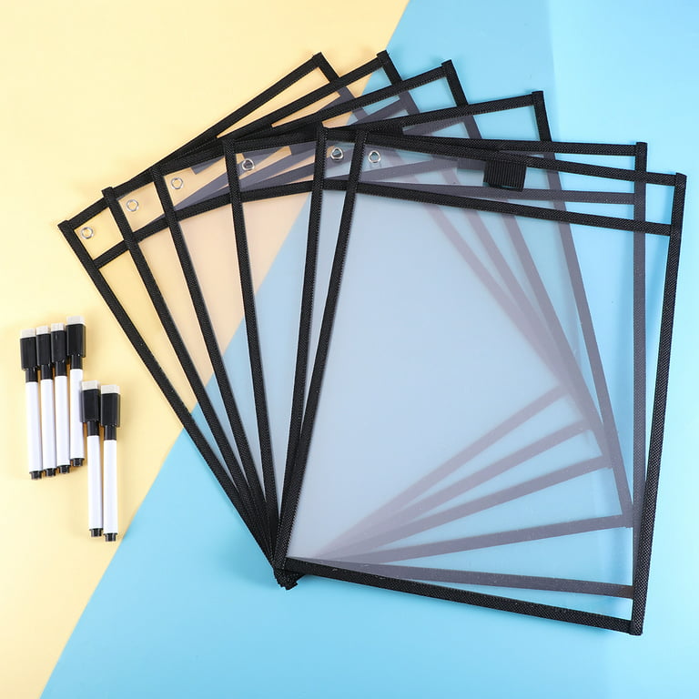 6pcs Reusable Clear PVC Dry Erase Pockets Sleeves with 6pcs Pens for Office  Classroom Organization Teaching Supplies (Black)