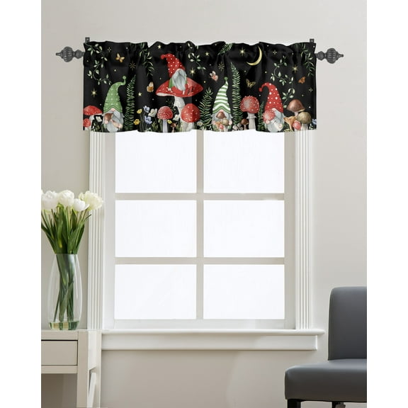 Kitchen Cafe Valance Curtain for Small Windows,Cute Gnome Mushroom Plant Leaves Rod Pocket Short Valances Foliage Moon Star on Black Window Treatment Panel for Living Room/Bedroom/Bathroom,54x18in