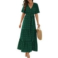 thumbnail image 2 of Boho Dot Summer Maxi Dresses for Women Wrap V Neck Short Sleeve Long Flowy Church Wedding Guest Dress Green M, 2 of 9