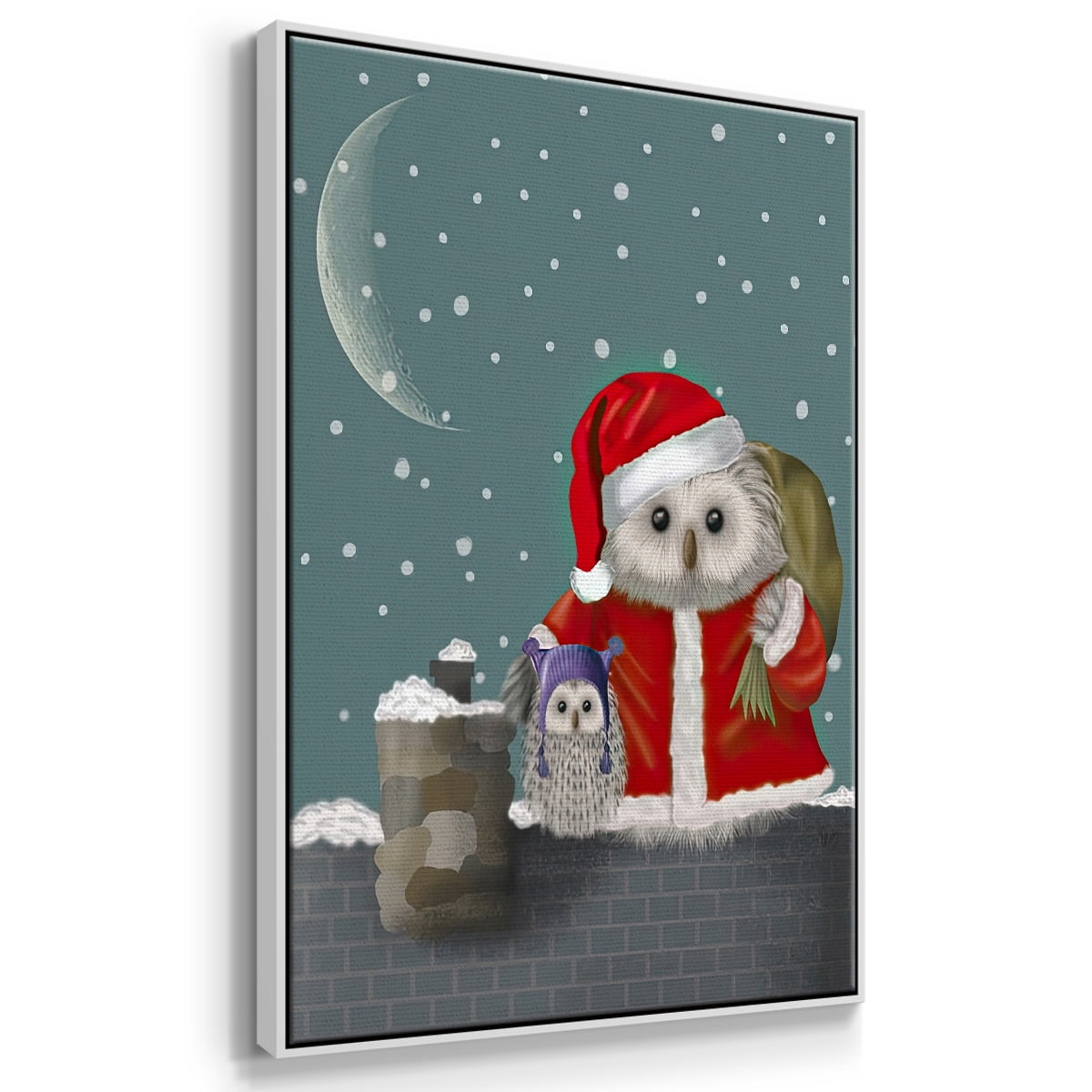 Christmas Santa Owl - Framed Gallery Wrapped Holiday Canvas - 17 x 25 - White Frame