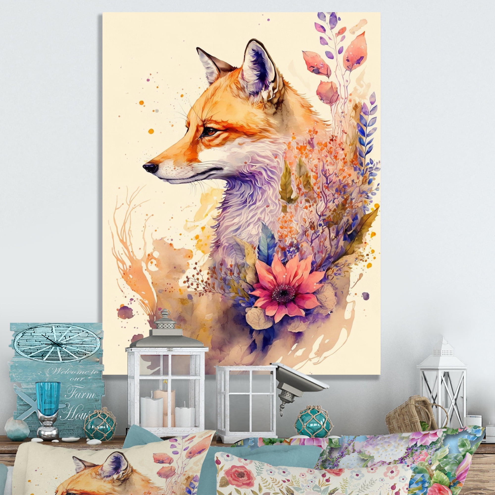 Designart Cute Fox Floral Art IV Canvas Wall Art
