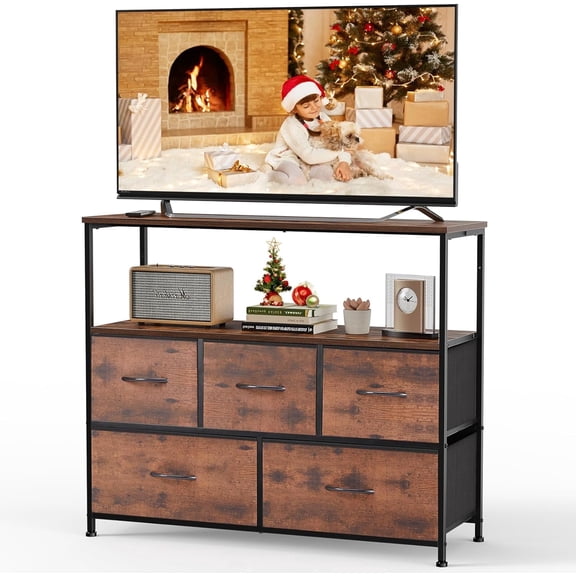 Nextay TV Stand for Bedroom, TV Dresser for 45 inches, Media Console Table, Entertainment Center with 5 Fabric Drawers Cabinet and Open Storage Shelf Furniture Cabinet for Living Room, Brown