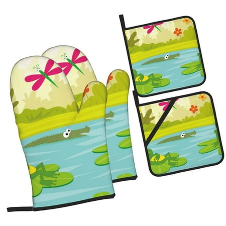 

Pofeuu Two Frogs Are Sitting On Water Lilies Print Oven Mitts and Pot Holders 4 pcs Set High Heat Resistant 500 Degree Extra Thicken Long Kitchen Cotton Oven Glove for Cooking