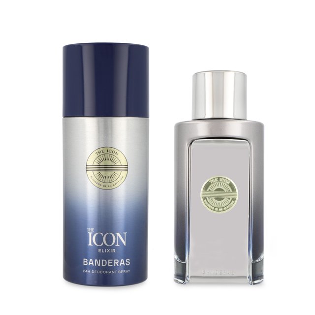 set antonio banderas the icon elixir 2pzs Set nuevo con desodorante en spray y frasco de perfume para caballero; vista frontal centrada, spray cilíndrico con tapa azul marino y cuerpo degradado plateado a azul, frasco rectangular de vidrio con tapa plateada y etiqueta circular dorada; fragancia 100 ml, familia olfativa marino y notas: salida cítricos, cardamomo y jengibre; corazón notas marinas y lavanda; fondo almizcle y notas amaderadas. Suele usarse como set para viaje.