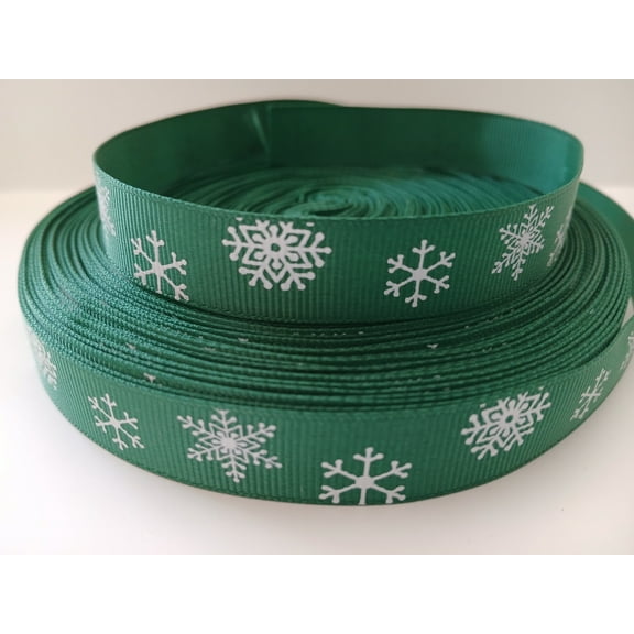 Grosgrain Ribbon Printed Christmas White Snowflakes on Green, 3 Yards 5/8 Inch Wide