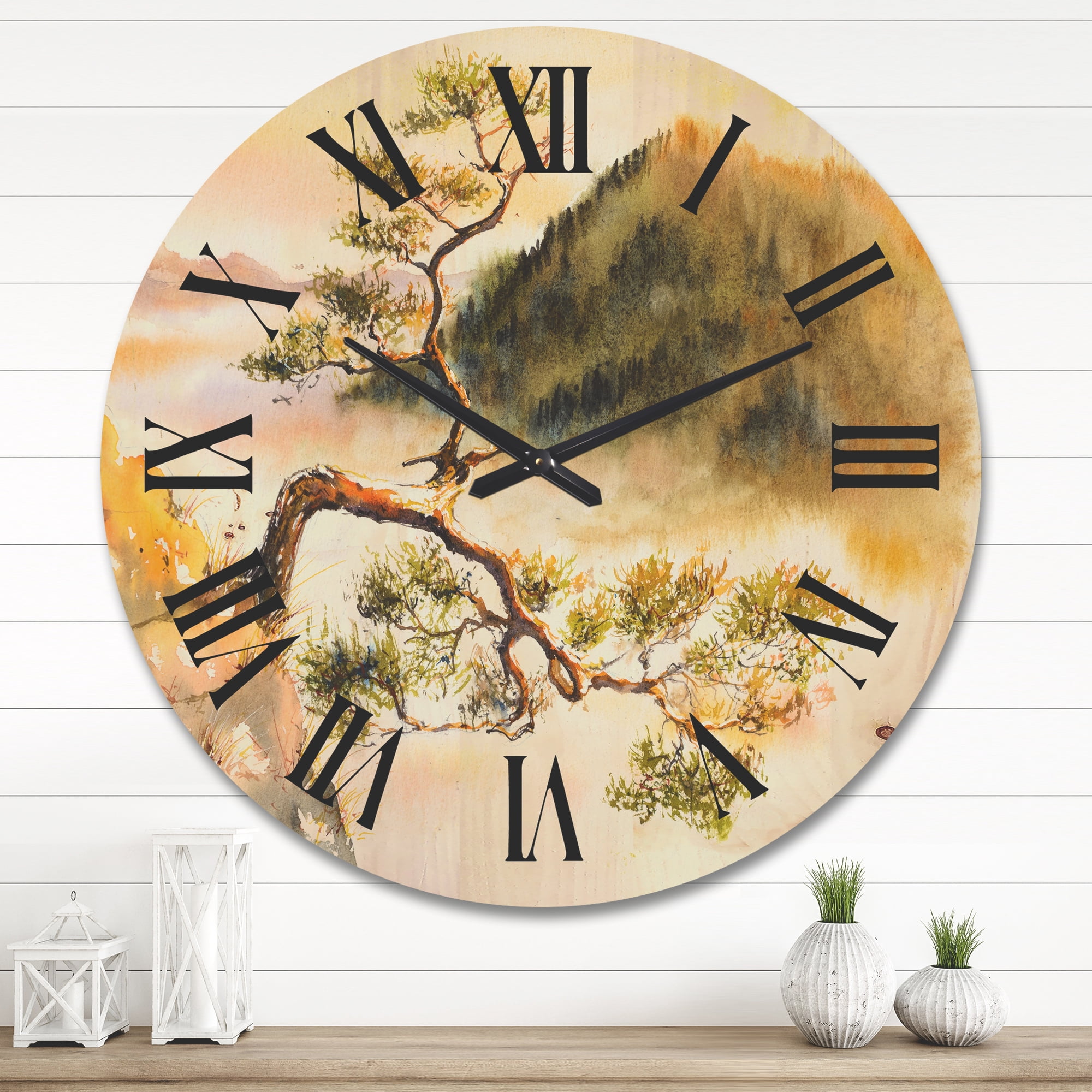 Designart 'The Top of Sokolica Peak With Curved Pine Tree' Traditional Wood Wall Clock
