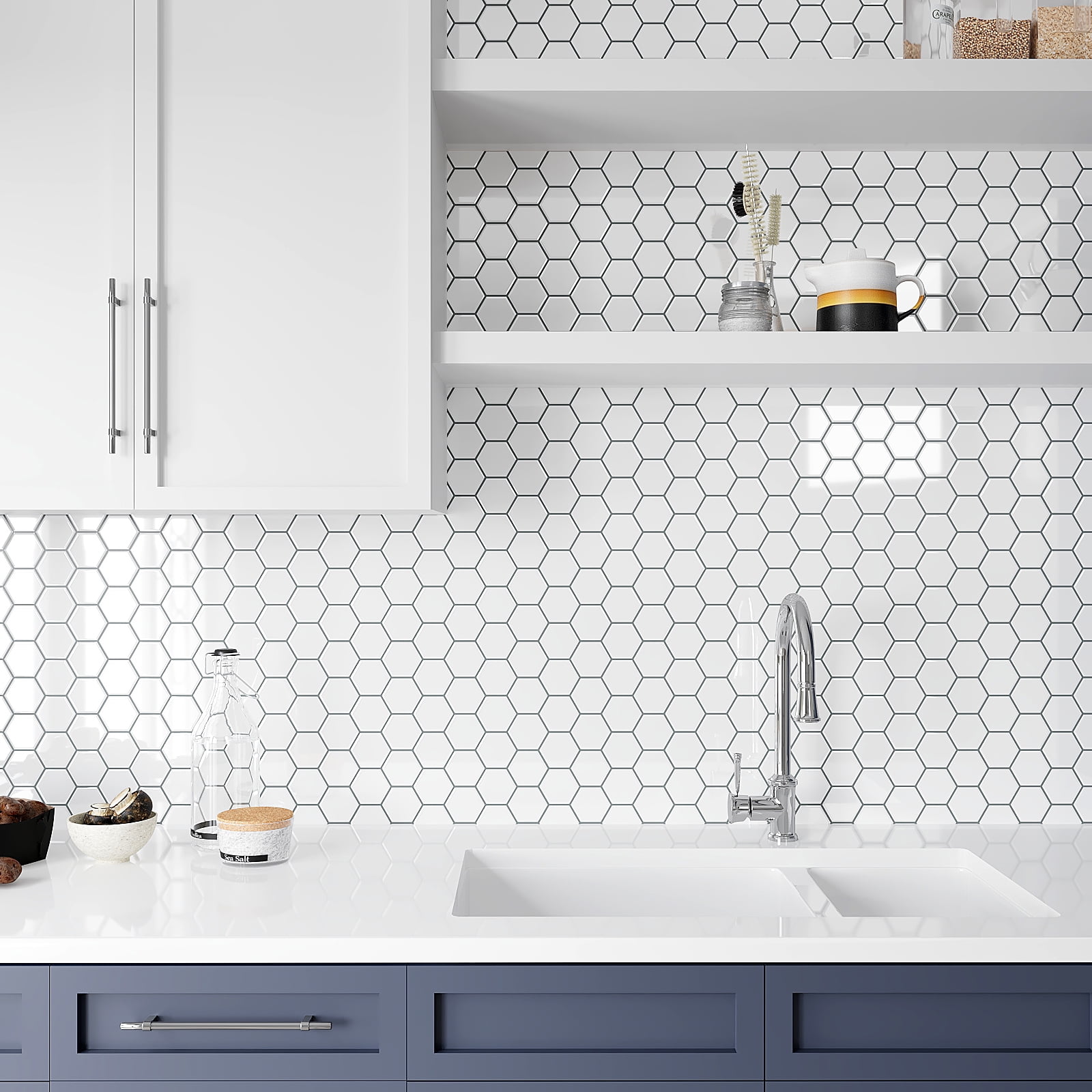 VEELIKE White Hexagon Peel and Stick Backsplash Tiles for Kitchen Waterproof 6 Sheets 12''x12''