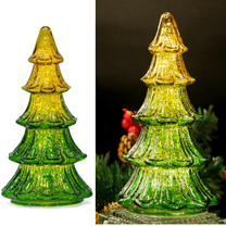 Glass Xmas Tree Decor - 10 Inch Small Christmas Table Light Decorations for Mantel, Shelf, or Window - Holiday Centerpiece, Home & Office Festive Decor(Green Gradient)