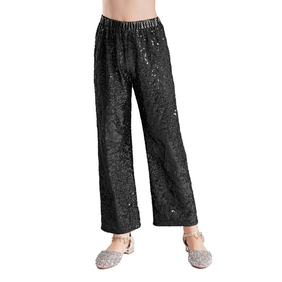 ranrann Kids Girls Shiny Sequin Dance Pants Wide Leg Bell-Bottoms Trousers for Boys Disco Jazz Black 16