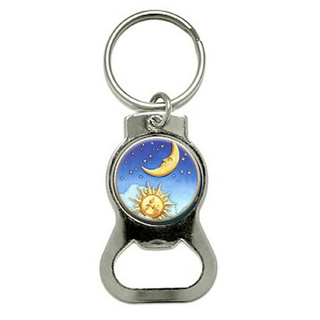 Star Keychain - Celestial Sun Moon Stars Round Bottle Opener Keychain