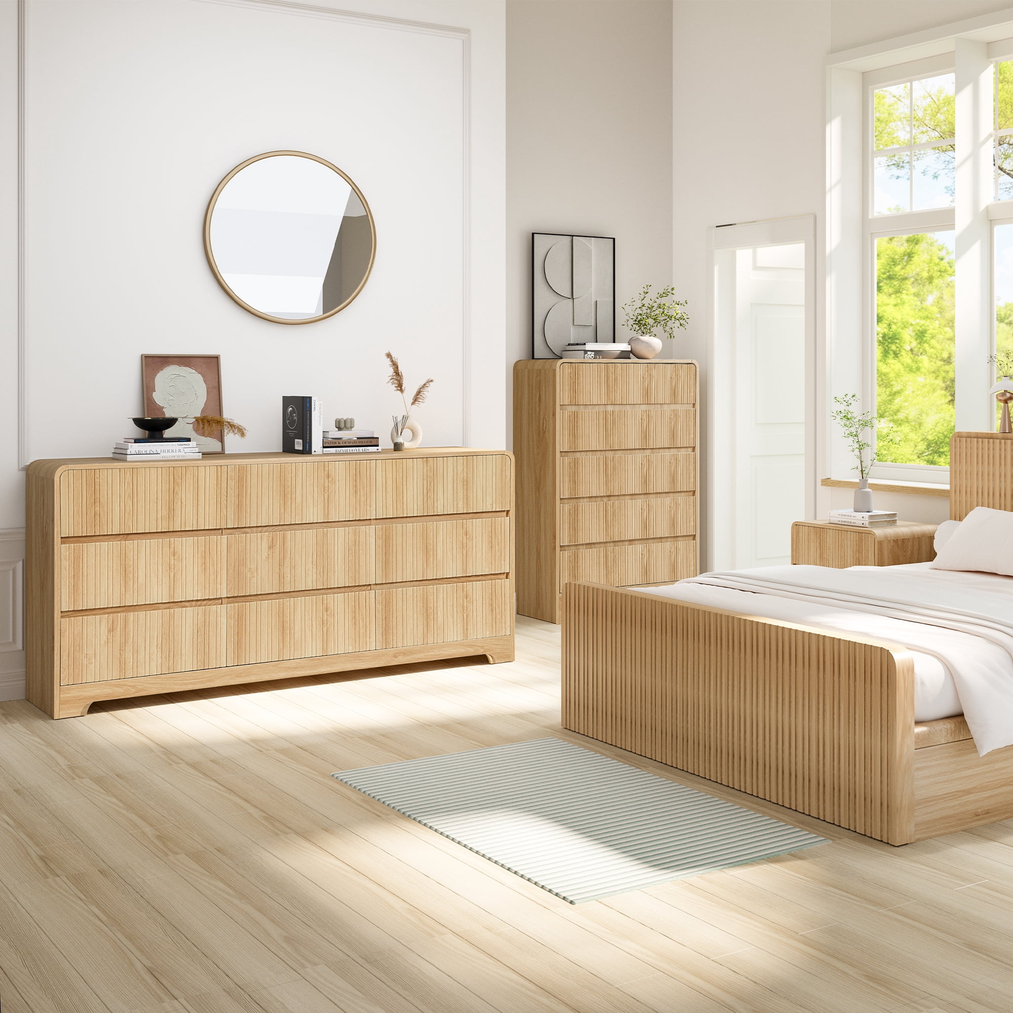 LEFHDA Fluted 5 Drawers Dresser for Bedroom, Mid Century Modern Storage Dressers, 45.3" Tall Wood Fluted Dressers Organizer for Bedroom, Living Room, Oak Set of 2