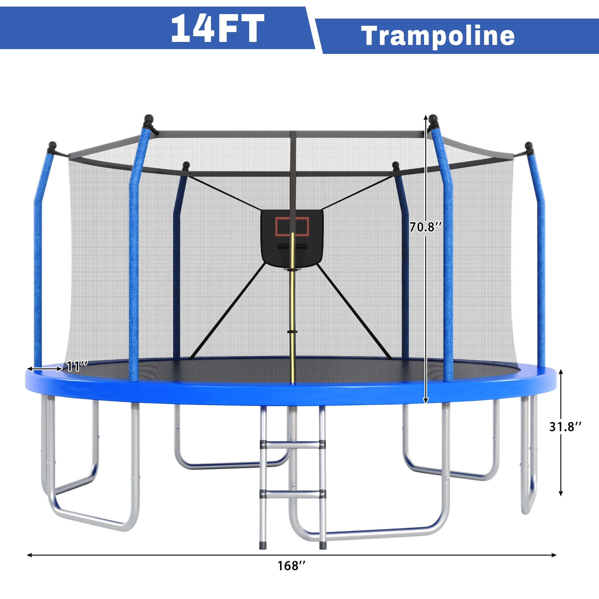 Alvantor 14ft Trampoline with Basketball Hoop & Lights, Outdoor Round Trampolines for Kids with Enclosure net Blue