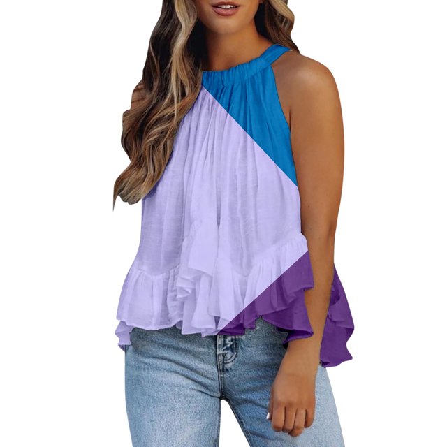 Gibobby Mujeres Casual Impreso Encaje Cuello redondo Ruffle Hem Chaleco Camisole Swing Neck Printed Summer Tops(Morado,G)