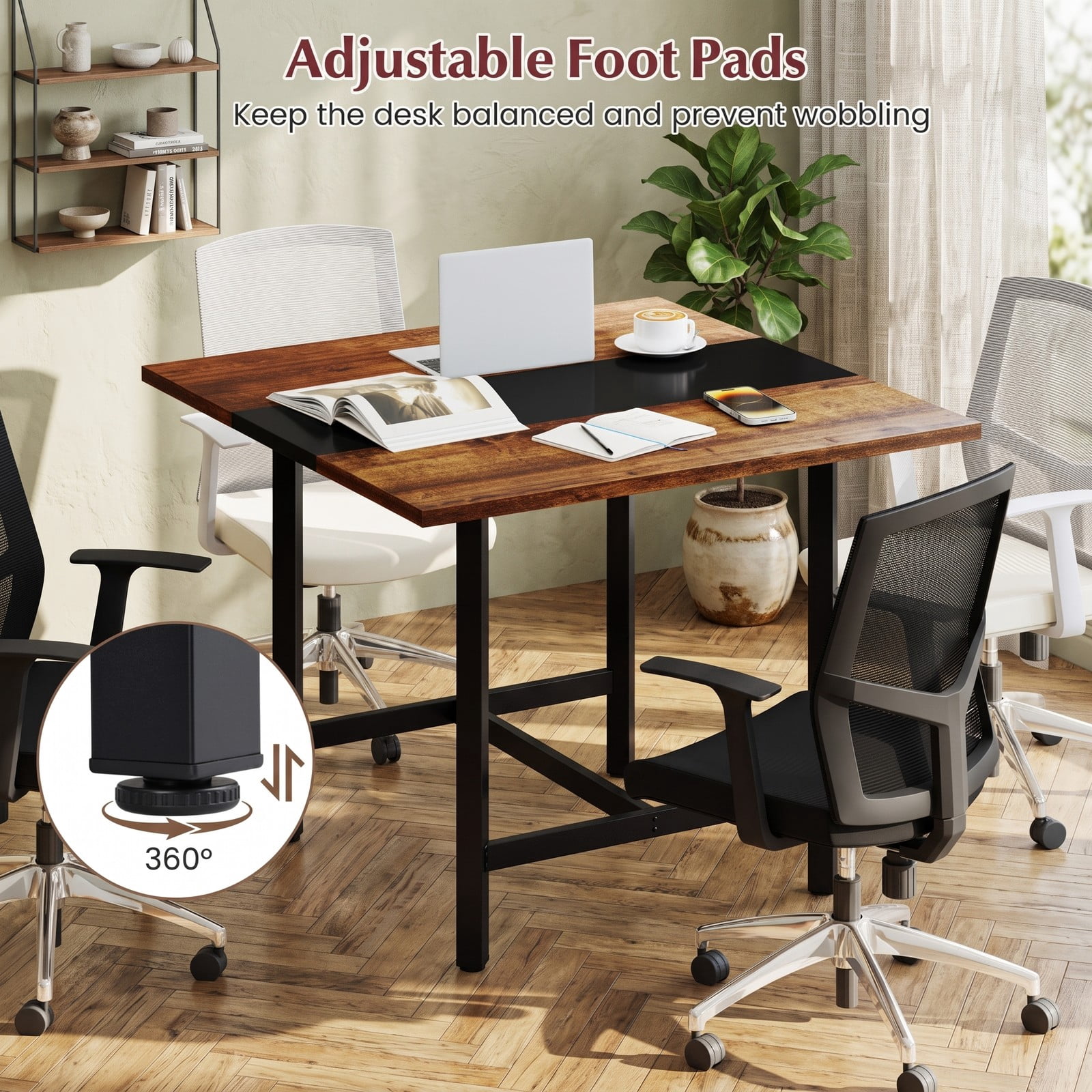 Furnibear 39.5 Inch Square Conference Table, Meeting Room Table with Thickened Tabletop and Reinforced H-Shaped Metal Frame, Seats 4 for Office Working, Rustic Brown